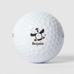 Cute happy flying puffin blue cartoon illustration golf balls