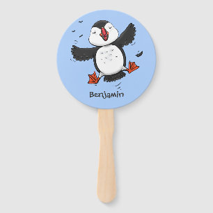 Cute happy flying puffin blue cartoon illustration hand fan