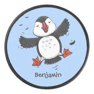 Cute happy flying puffin blue cartoon illustration hockey puck