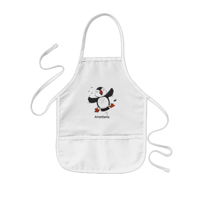 Cute happy flying puffin blue cartoon illustration kids apron (Front)
