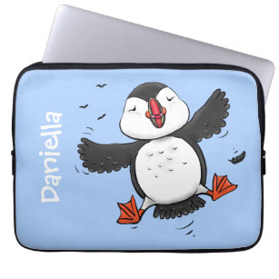 Cute happy flying puffin blue cartoon illustration laptop sleeve