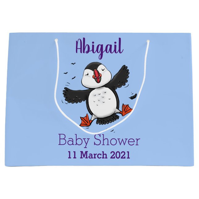 Cute happy flying puffin blue cartoon illustration large gift bag (Front)