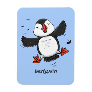 Cute happy flying puffin blue cartoon illustration magnet