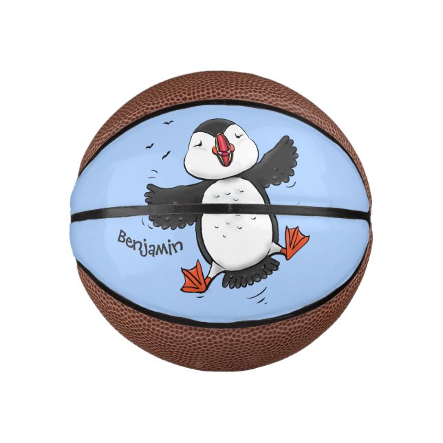 Cute happy flying puffin blue cartoon illustration mini basketball (Front)