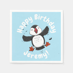 Cute happy flying puffin blue cartoon illustration napkin