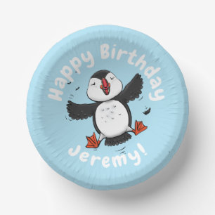 Cute happy flying puffin blue cartoon illustration paper plate