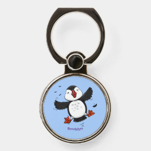 Cute happy flying puffin blue cartoon illustration phone ring stand