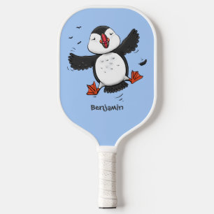 Cute happy flying puffin blue cartoon illustration pickleball paddle