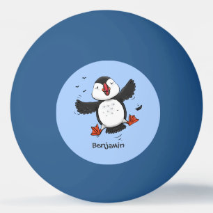 Cute happy flying puffin blue cartoon illustration ping pong ball
