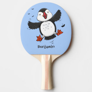 Cute happy flying puffin blue cartoon illustration ping pong paddle