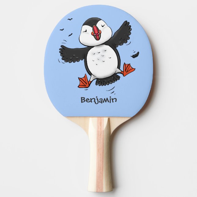 Cute happy flying puffin blue cartoon illustration ping pong paddle (Front)