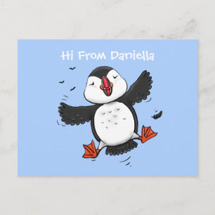 Cute happy flying puffin blue cartoon illustration postcard