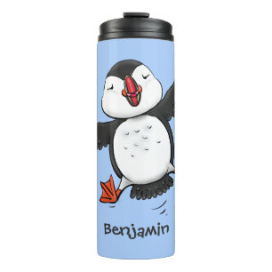 Cute happy flying puffin blue cartoon illustration thermal tumbler