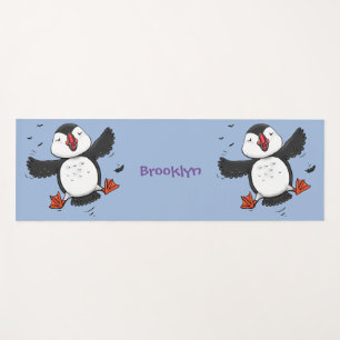 Cute happy flying puffin blue cartoon illustration yoga mat