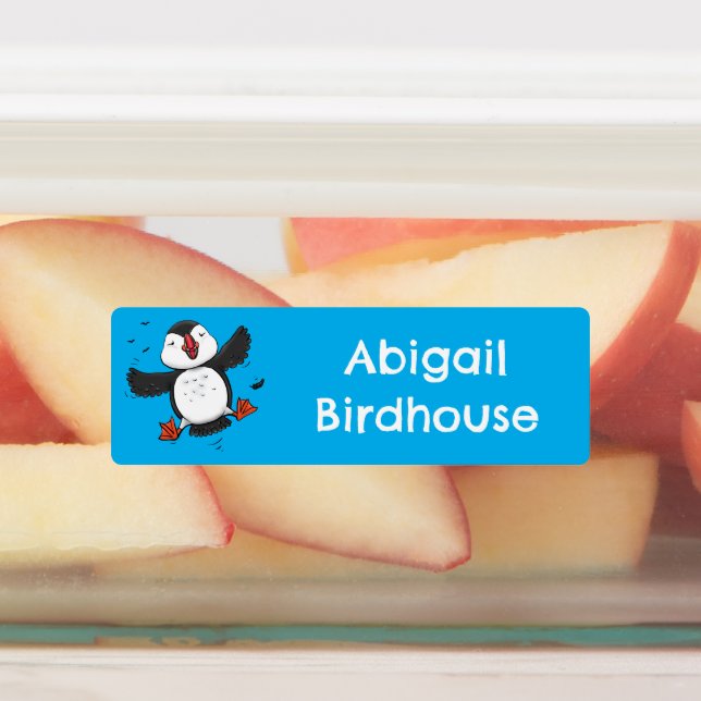 Cute happy flying puffin blue cartoon personalised (Affixed)