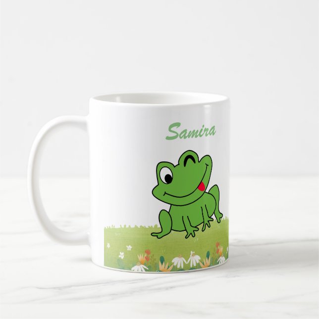 Cute Happy Frog Sitting on Grass Name Initial  Coffee Mug (Left)