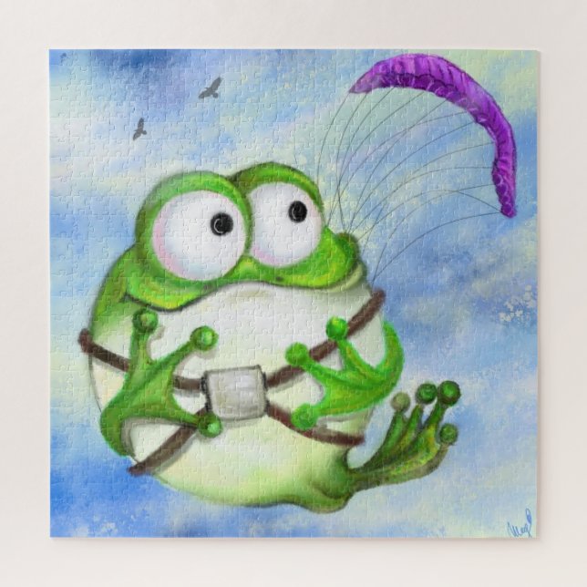 Cute Happy Funny Frog Paraglider - Cartoon Drawing Jigsaw Puzzle (Vertical)
