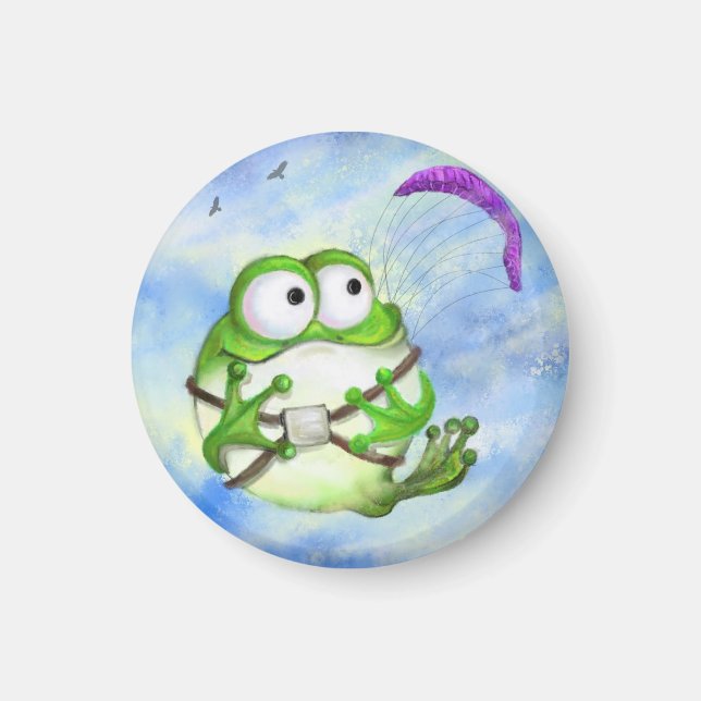 Cute Happy Funny Frog Paraglider - Cartoon Drawing Magnet (Front)