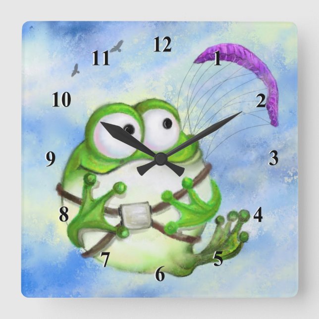 Cute Happy Funny Frog Paraglider - Cartoon Drawing Square Wall Clock (Front)
