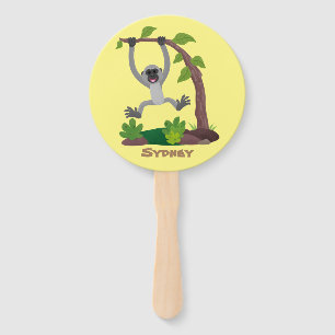 Cute happy gibbon ape cartoon illustration hand fan