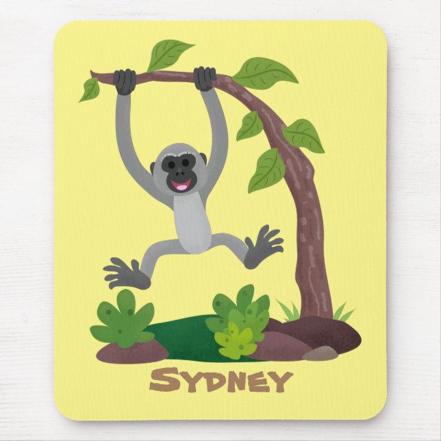 Cute happy gibbon ape cartoon illustration mouse pad (Front)