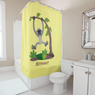 Cute happy gibbon ape cartoon illustration shower curtain