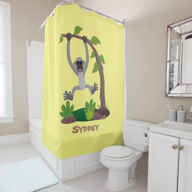 Cute happy gibbon ape cartoon illustration shower curtain (In Situ)