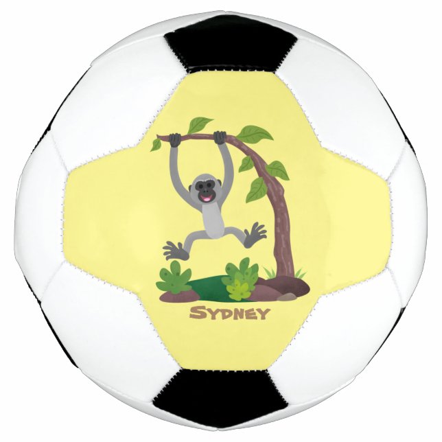 Cute happy gibbon ape cartoon illustration soccer ball (Front)