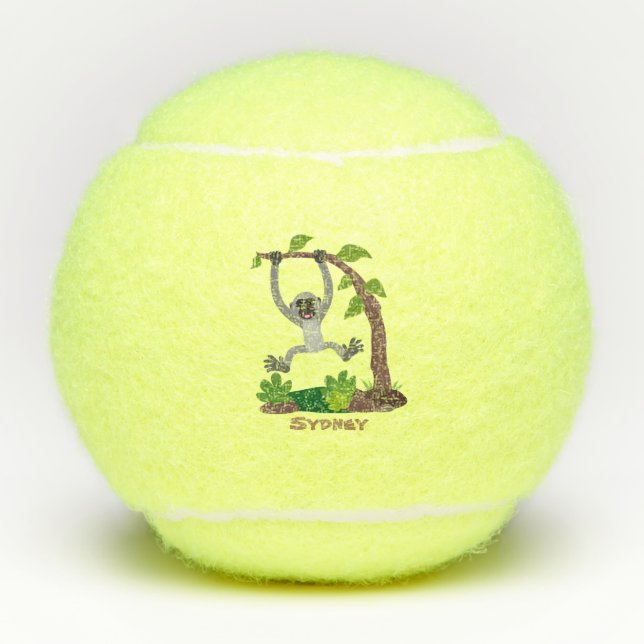 Cute happy gibbon ape cartoon illustration tennis balls (Front)