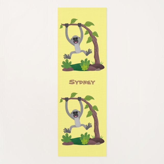 Cute happy gibbon ape cartoon illustration yoga mat (Front)