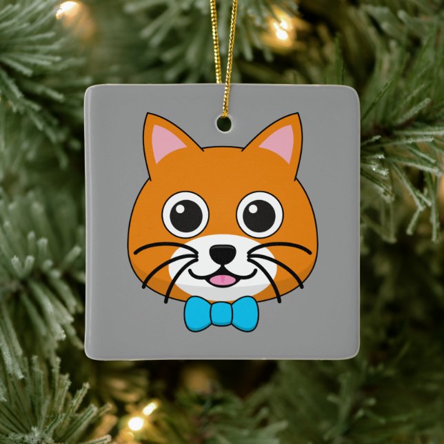Cute Happy Ginger Cat with Papillon Ceramic Ornament (Tree)