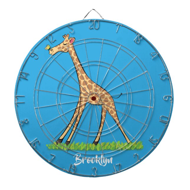 Cute happy giraffe with butterfly cartoon dartboard (Front)