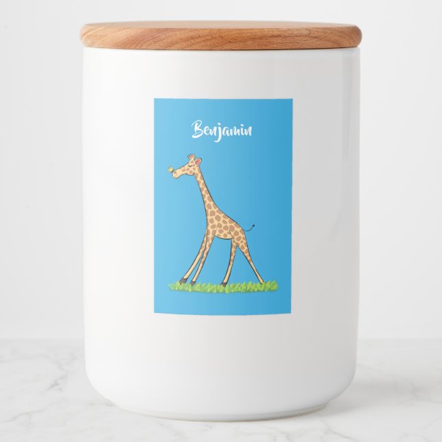 Cute happy giraffe with butterfly cartoon food label (Front)