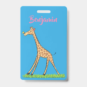 Cute happy giraffe with butterfly cartoon ID badge