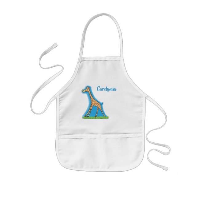 Cute happy giraffe with butterfly cartoon kids apron (Front)
