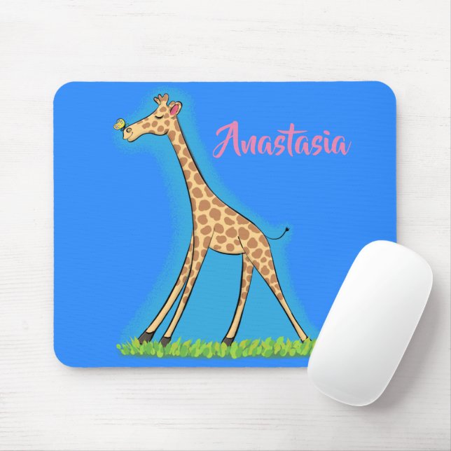 Cute happy giraffe with butterfly cartoon mouse pad (With Mouse)