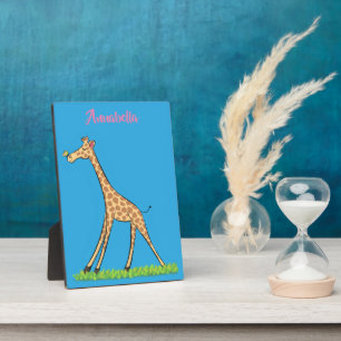 Cute happy giraffe with butterfly cartoon plaque