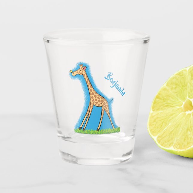 Cute happy giraffe with butterfly cartoon  shot glass (Front)
