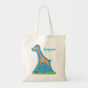 Cute happy giraffe with butterfly cartoon tote bag