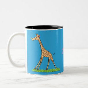 Cute happy giraffe with butterfly cartoon Two-Tone coffee mug