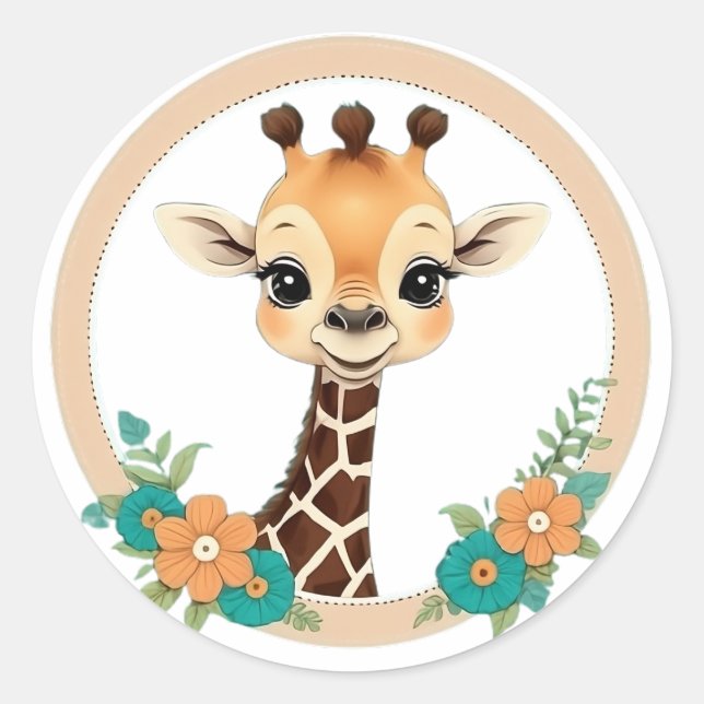 Cute Happy Giraffe with Flowers Sticker (Front)