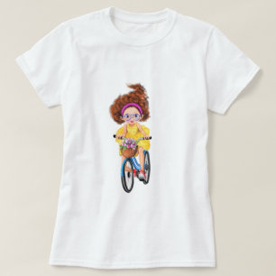 Cute Happy Girl On A Bike and Pink Bouquet Tulips  T-Shirt