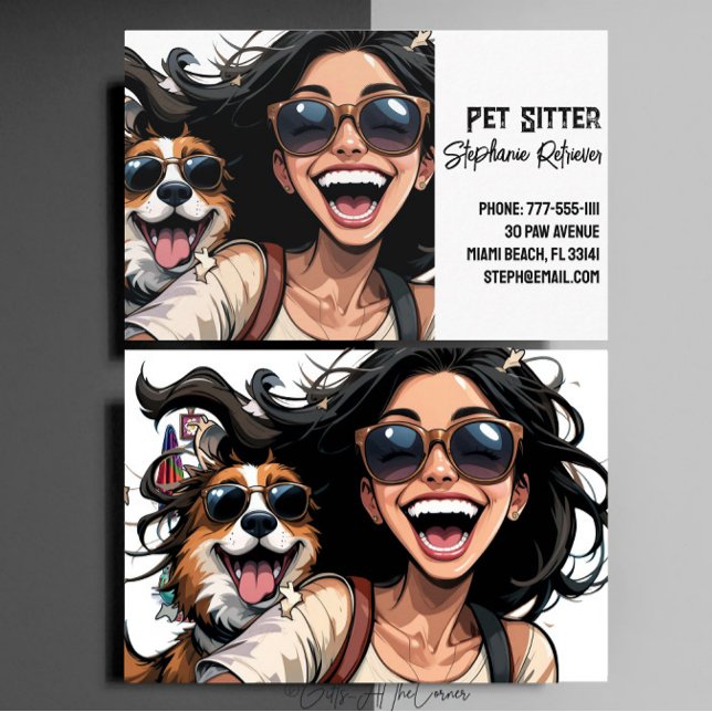 Cute Happy Girl Pet Sitter Dog Walker  Business Card (Creator Uploaded)