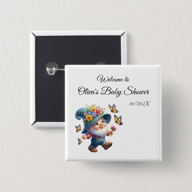 Cute Happy Gnome with Butterfly Baby Shower Button (Front & Back)