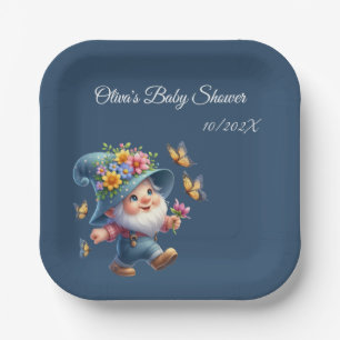Cute Happy Gnome with Butterfly Baby Shower Paper Plate