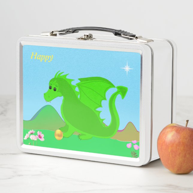 Cute happy green baby dragon, flowers & star metal lunch box (In Situ)