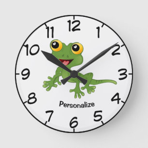 Cute & Happy Green Baby Gecko Cartoon Personalise Round Clock