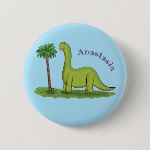 Cute happy green brontosaurus dinosaur cartoon 6 cm round badge