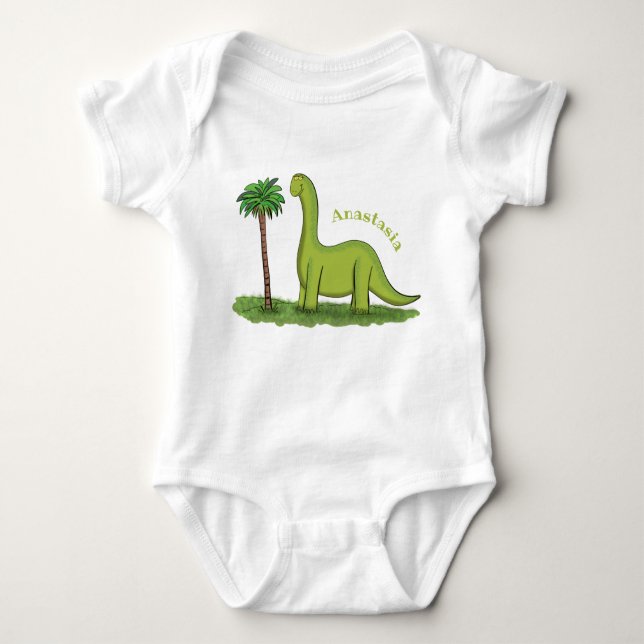 Cute happy green brontosaurus dinosaur cartoon baby bodysuit (Front)