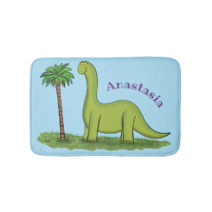 Cute happy green brontosaurus dinosaur cartoon bath mat